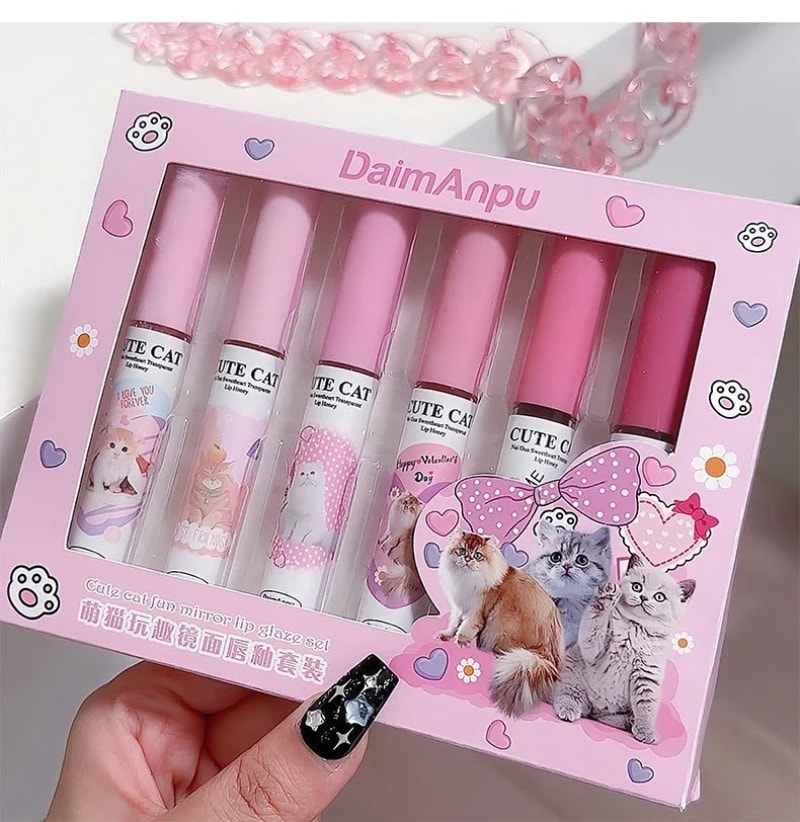 Daimanpu Cute Cat Play Fun Mirror Lip Glaze Set